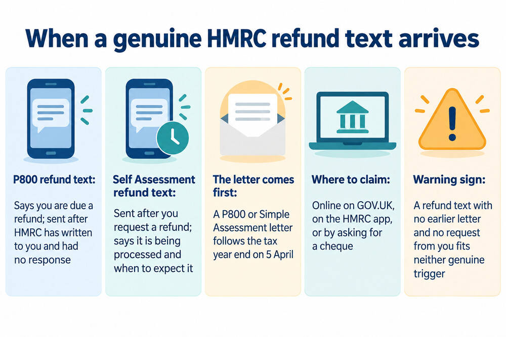 A fake HMRC refund text message on a phone screen, with a suspicious link asking for personal details