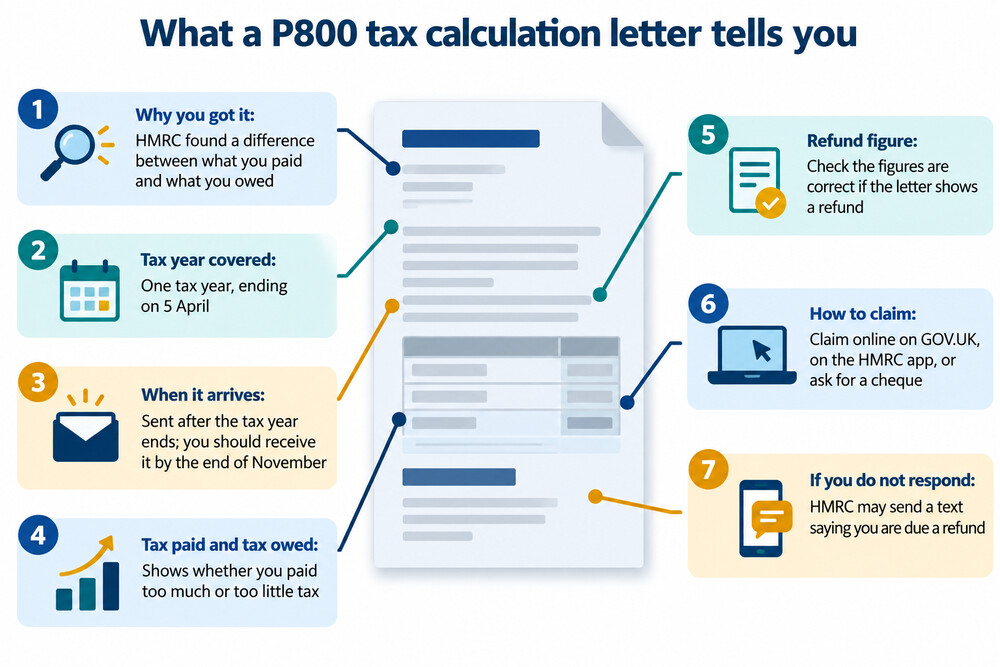 An example of a P800 tax calculation letter showing the tax year, income figures and the refund amount