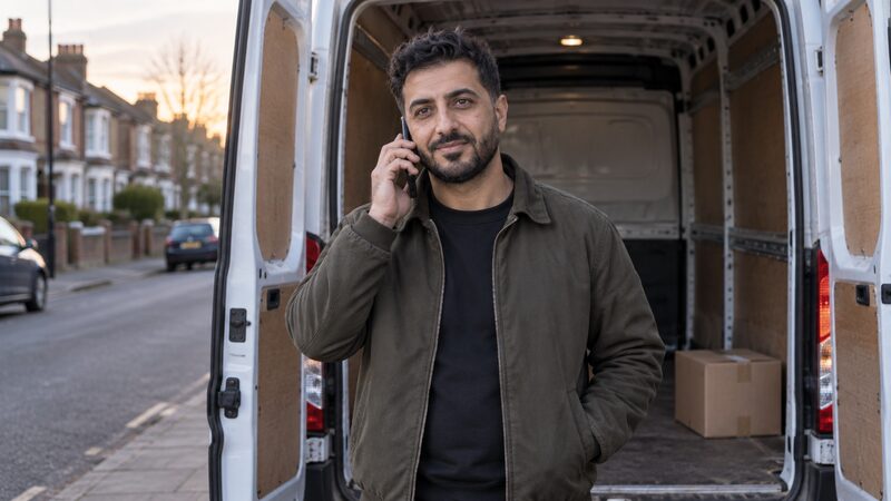 A delivery driver stands at the open rear doors of his van holding a phone.