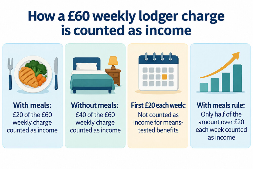 A simple table showing how a £60 weekly lodger charge is treated with and without meals