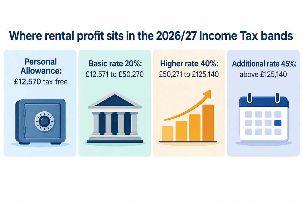 How rental profit stacks on top of salary to set the rate that applies