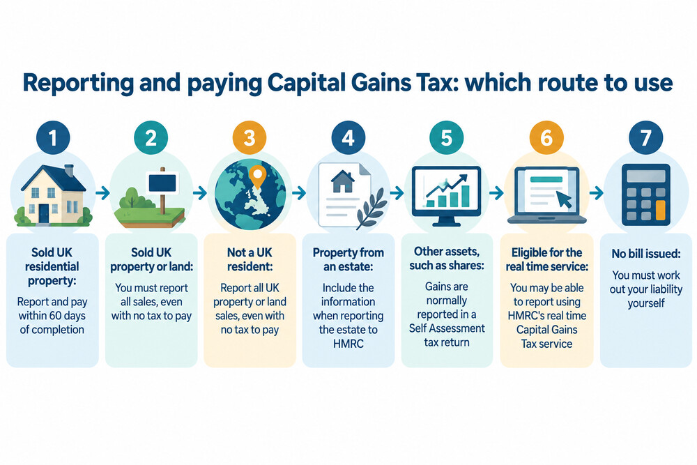 A flowchart showing the main reporting routes for Capital Gains Tax depending on what was sold