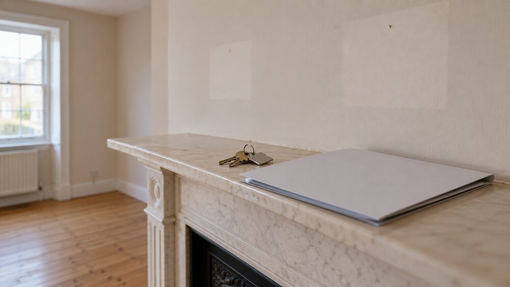 House keys and a plain folder lie on an empty mantelpiece in a just-vacated room.
