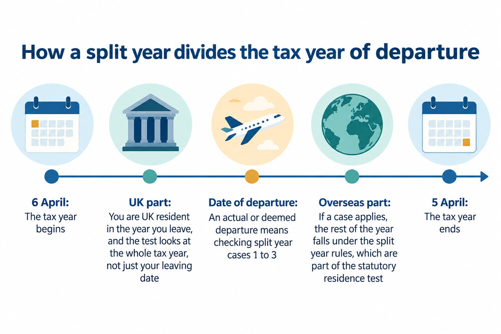 A timeline showing a tax year split into a UK part before departure and an overseas part after it