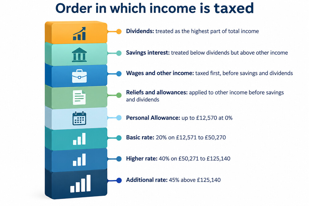 A simple stack showing wages at the bottom, savings interest in the middle and dividends on top
