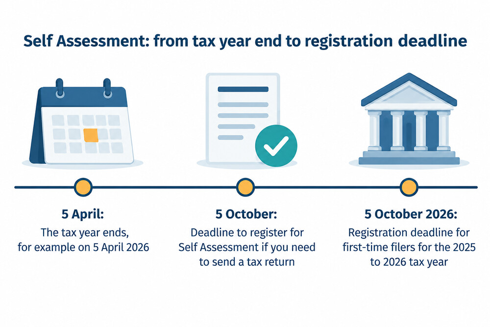 A calendar page showing the key Self Assessment dates across the tax year, with the 5 October registration deadline and the 31 January filing and payment deadline marked