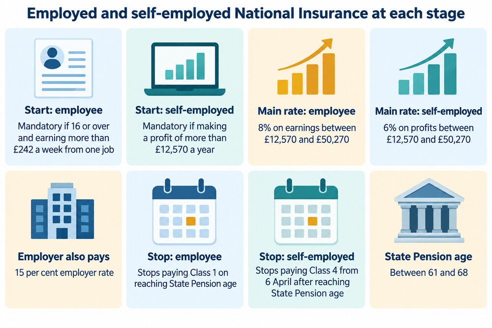 A diagram showing how employed and self-employed National Insurance differ at each stage, from starting work to State Pension age