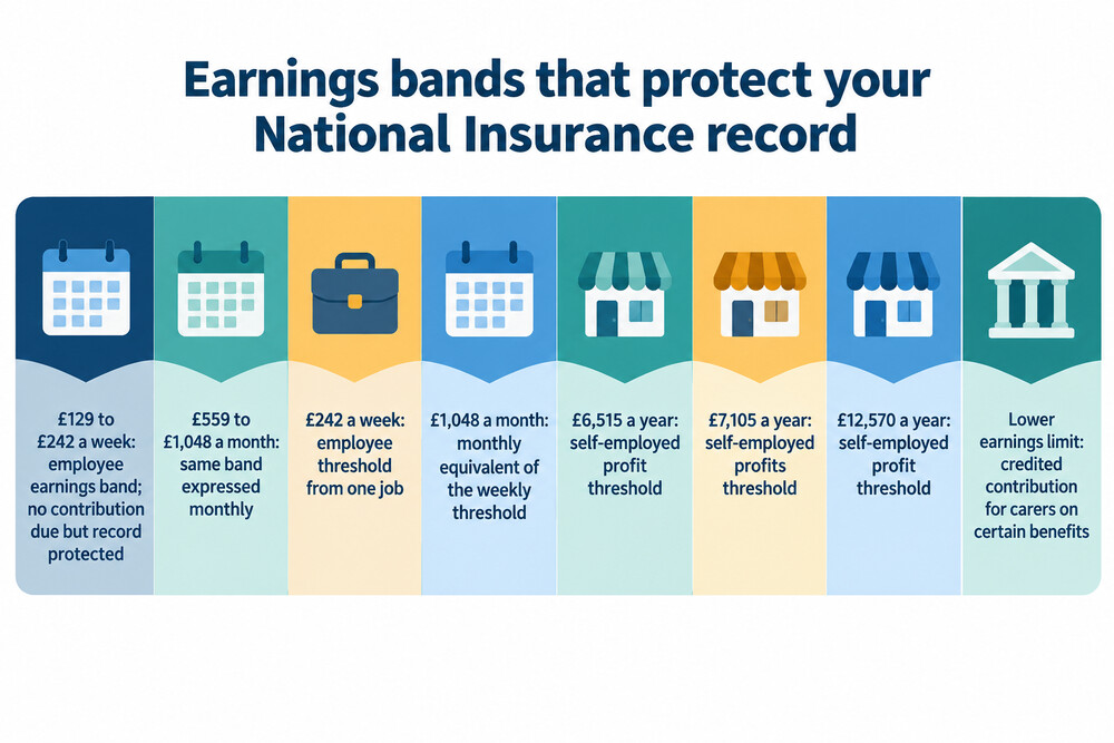 A simple table showing which earnings bands count towards a National Insurance record even when no contributions are due