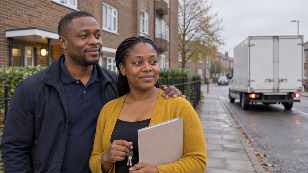 A couple stand on the pavement outside flats watching a removal van drive away.