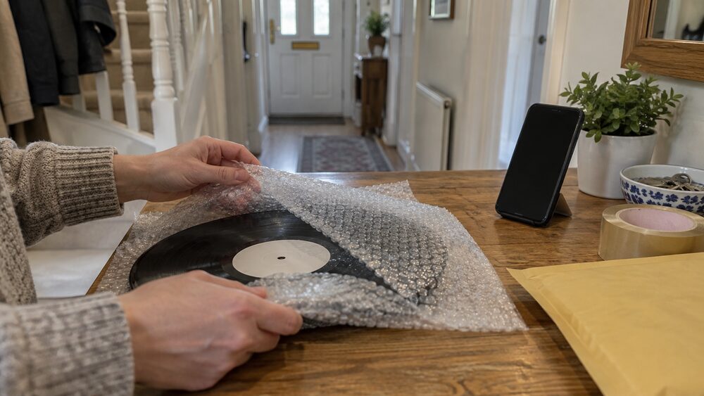 Hands wrap a vinyl record in bubble wrap beside a phone on a hallway table.
