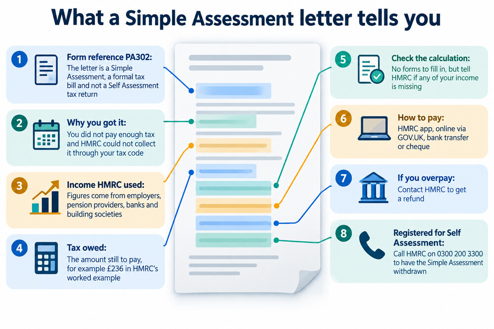 A PA302 Simple Assessment letter from HMRC, showing the tax owed and the payment deadline