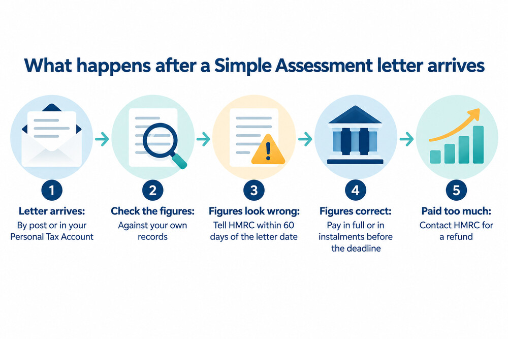 A flow diagram showing the steps from receiving a Simple Assessment letter to paying or querying it