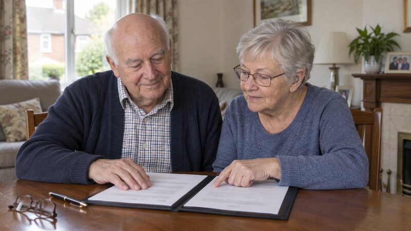 An older couple review an open folder of will paperwork at a wooden table.