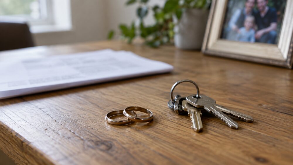 Two wedding rings and a set of house keys rest on a wooden table beside a blurred document.