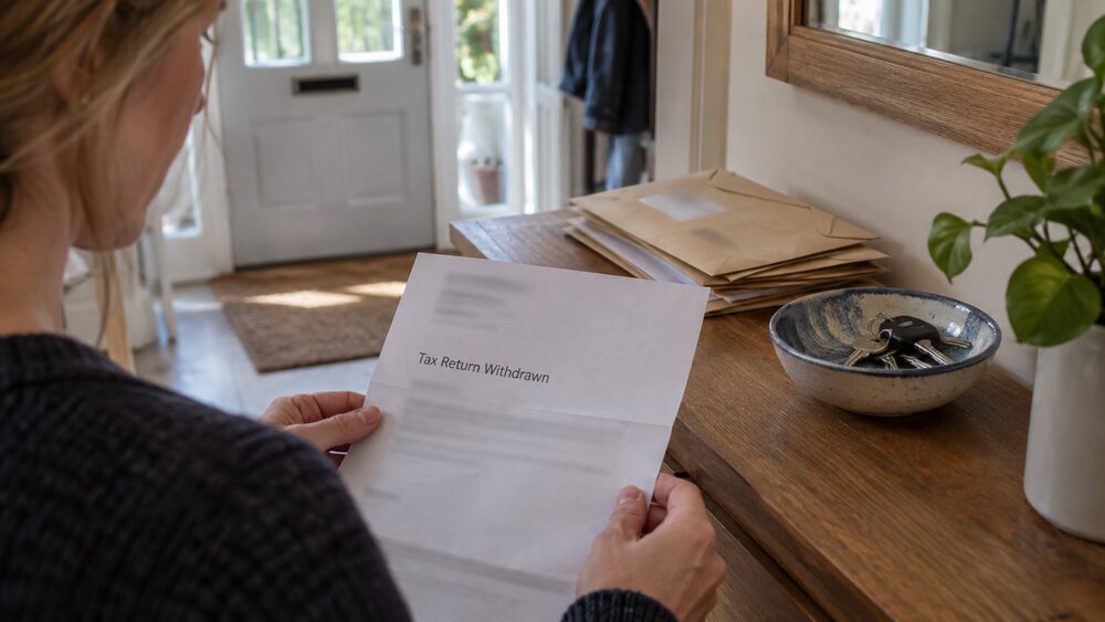 A man hands a form across a reception counter in a tax office lobby with empty chairs behind.