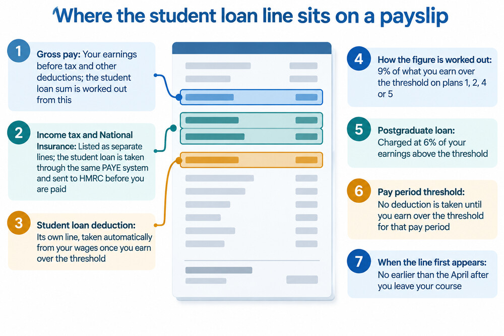 A payslip showing a student loan deduction line alongside income tax and National Insurance