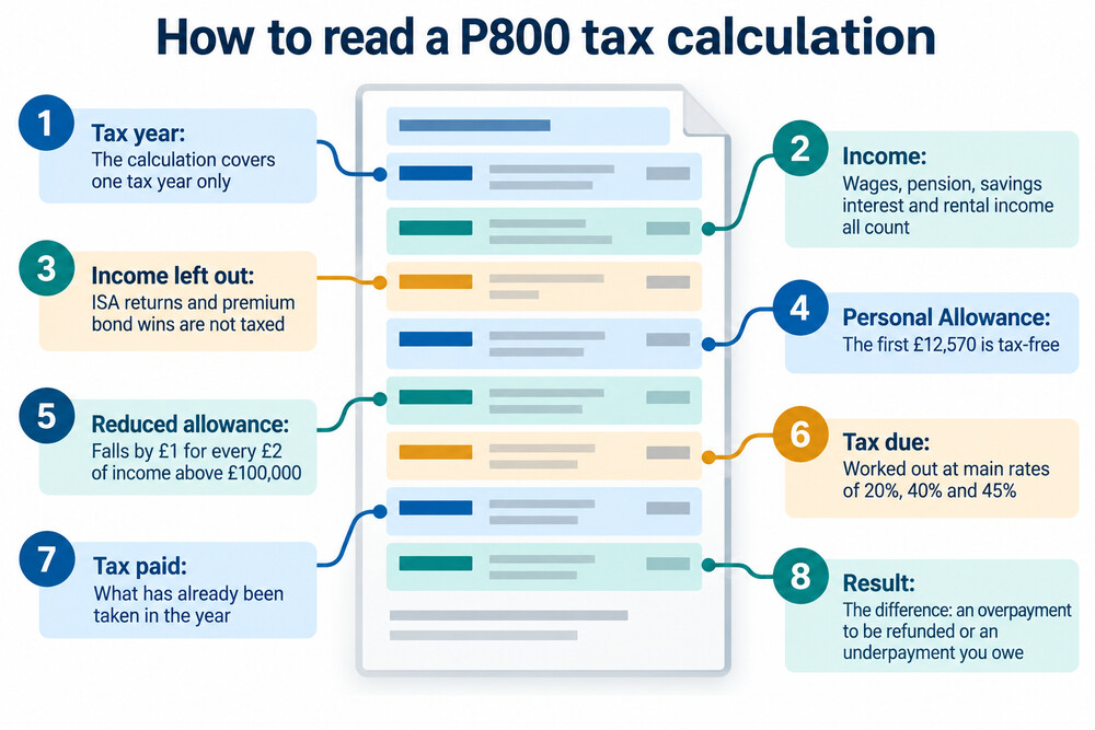 A P800 tax calculation letter from HMRC showing income, tax paid and any underpayment or overpayment
