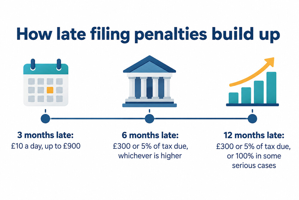 Timeline showing how Self Assessment late filing penalties build up after the deadline