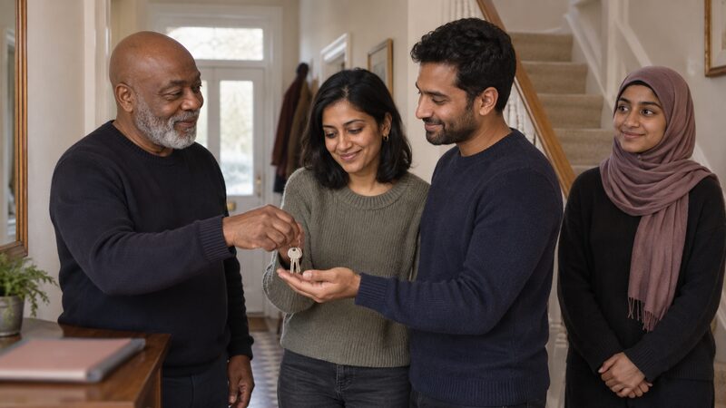 An older man hands house keys to a younger couple in a home hallway while another person watches.