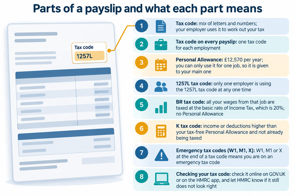 A payslip showing a tax code printed next to the pay and tax figures