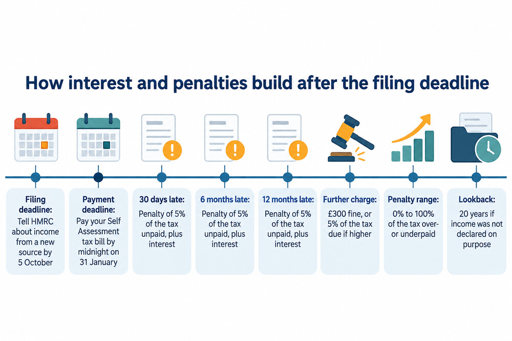 A timeline showing how interest and penalties build from the filing deadline onwards
