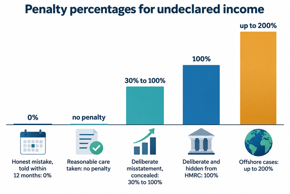 A table showing penalty percentages rising from an honest mistake to a concealed deliberate error