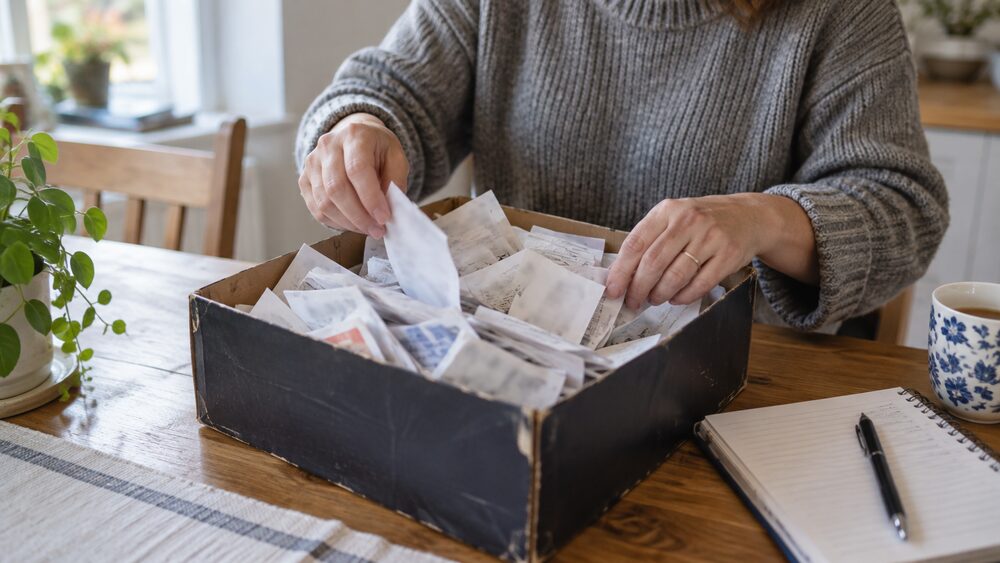 Hands sort through a shoebox of receipts and slips on a wooden table beside a notebook.