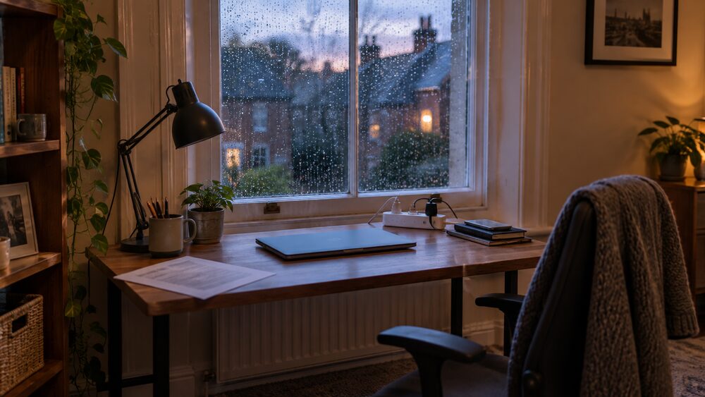 A closed laptop and letter sit on a small desk by a rain-streaked window in the evening.