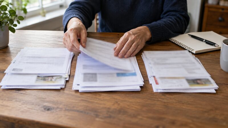 A person sorting foreign bank statements, dividend vouchers and property records into piles by country and tax year